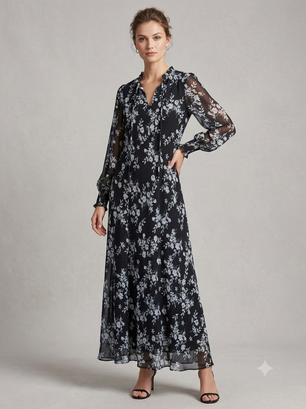 Calvin Klein Black Maxi Dress with Light Blue Floral Print